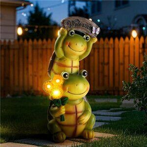 Garden Turtle Outdoor Statues, Solar Garden Statue Two Sweet Frog Face Turtles